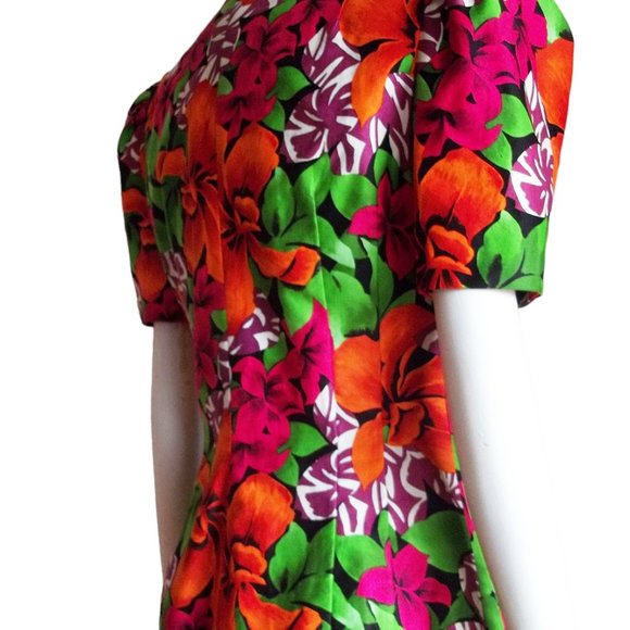 Vtg 80s Tropical Floral Curvy Cut Strong Shoulder Cotton Wrap Statement Top M - Picture 5 of 11